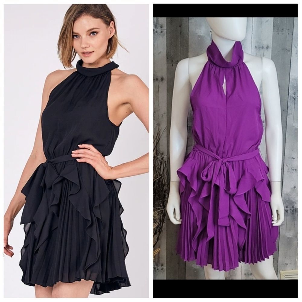 DO + Be Pleated Ruffle Tie Waist Dress